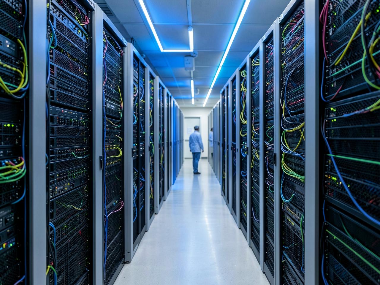 Engineer inside a structured, fibre-cabled data centre